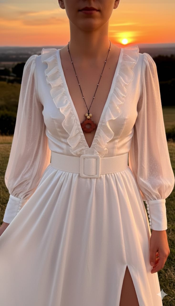 Woman wearing Chakana necklace at sunset